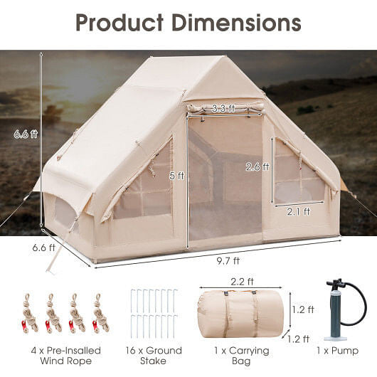 Inflatable Camping Tent 2/4/6 People Glamping Tent for Family Camping with Pump-Beige-3